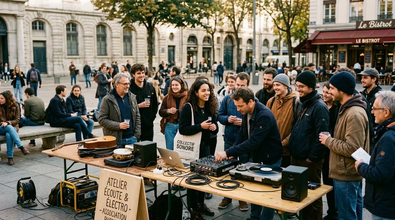 Membres de l'association encadrant un atelier musical de plein air